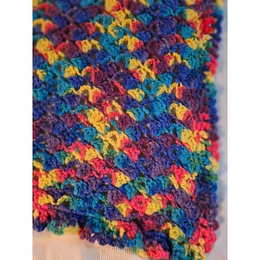 Vintage Handmade Colorful Knit Throw Blanket Pink Yellow Blue